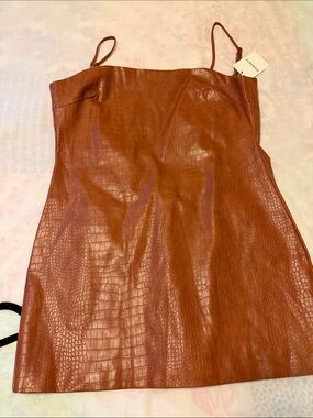Bardot Faux Leather Mini Dress in Cognac Brown